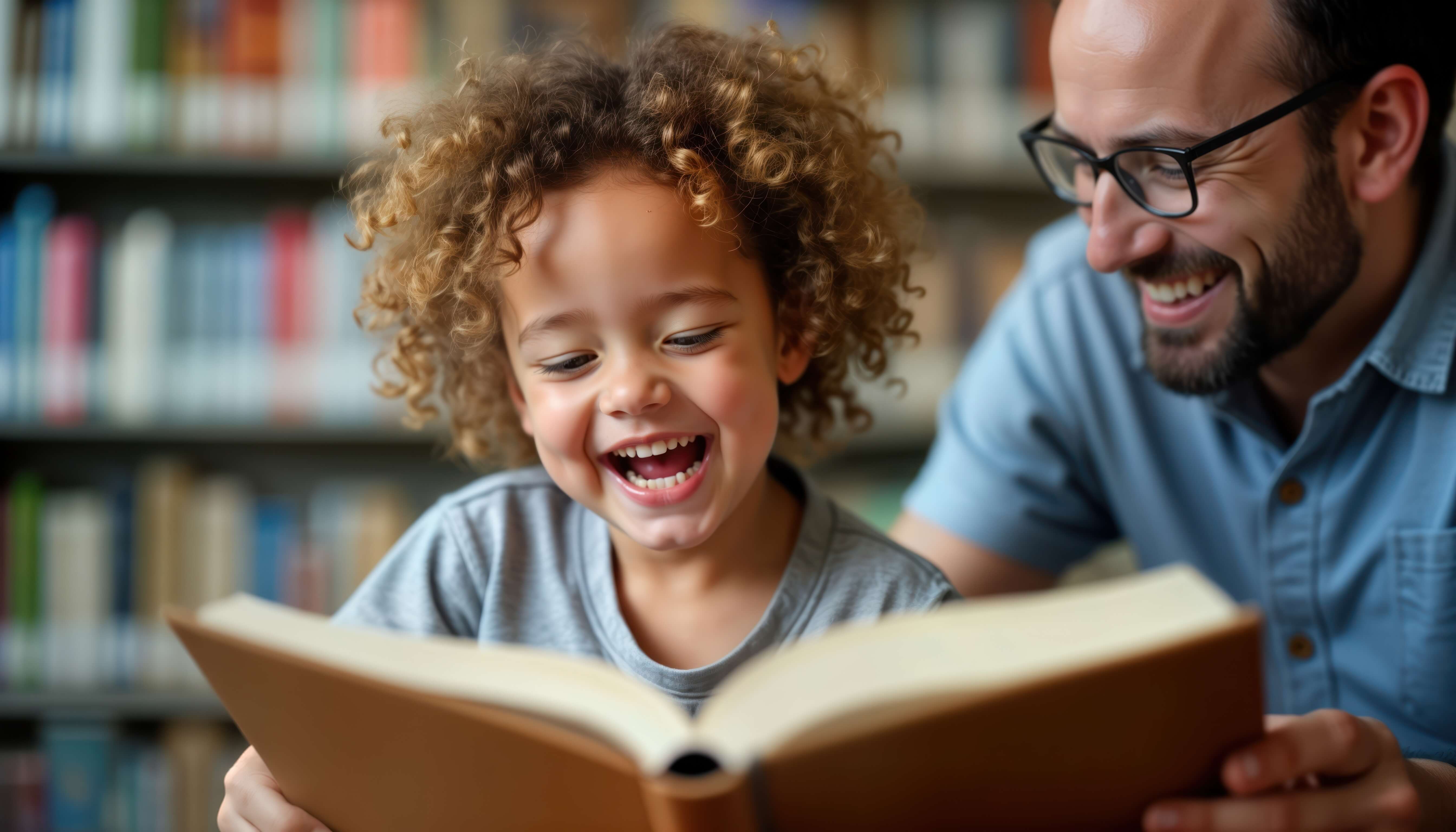 Kleiner Junge mit Locken liest im Rahmen der Sprachförderung im Kindergarten (KA) in einem Buch, daneben ein Kindergärtner, der ihm hilft.
