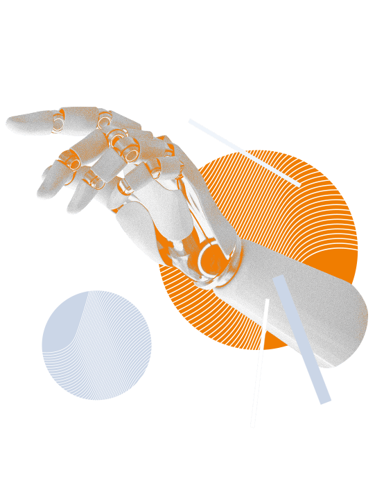 Eine Roboterhand mit künstlicher Intelligenz, einem orangen und einem grauen Kreis im Hintergrund bei der Veranstaltung Kolping und Wirtschaft der Kolping Akademie